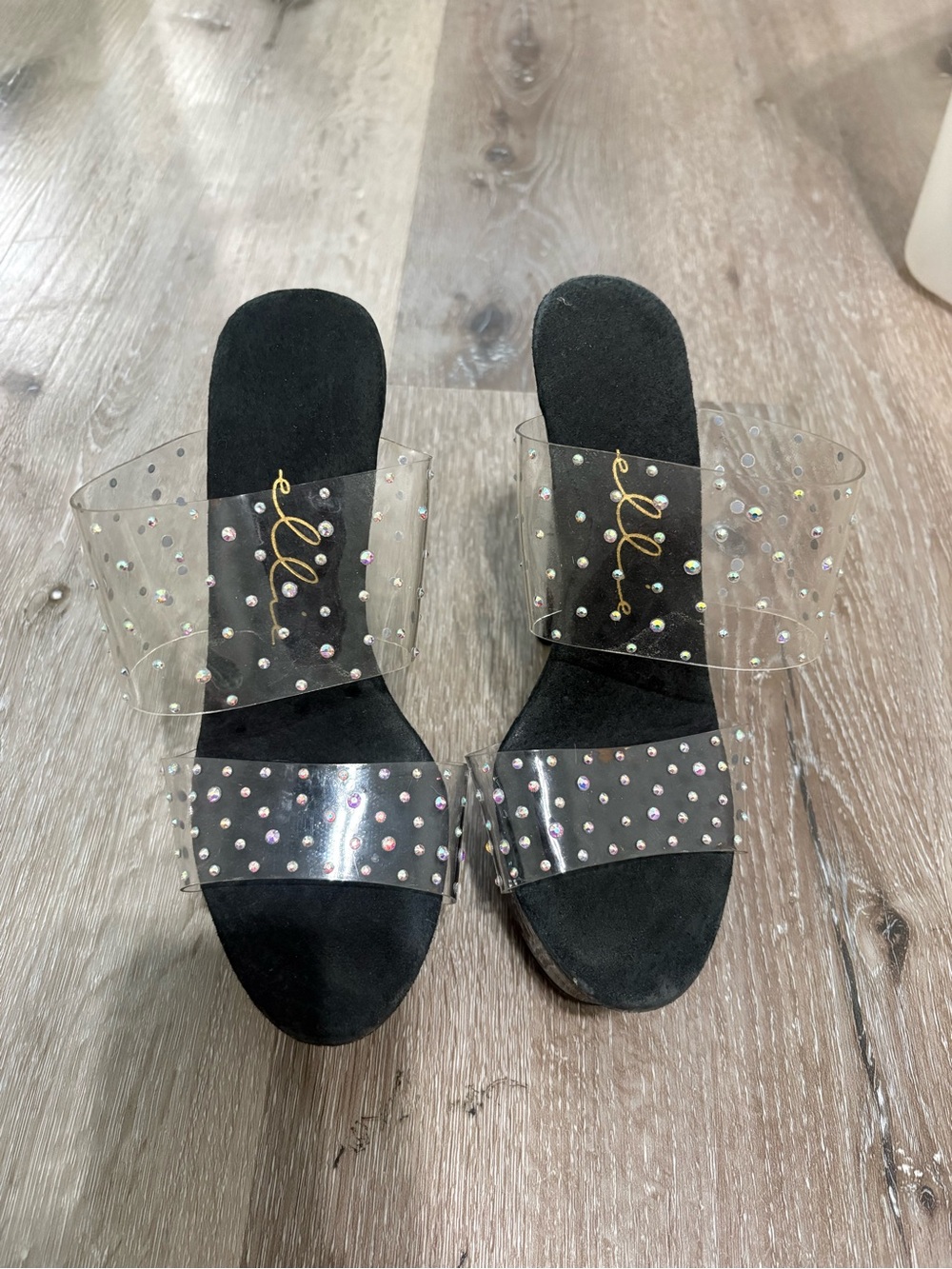 Ellie Black Platform Stiletto Mules with Clear Rhinestone Straps - Picture 5 of 7
